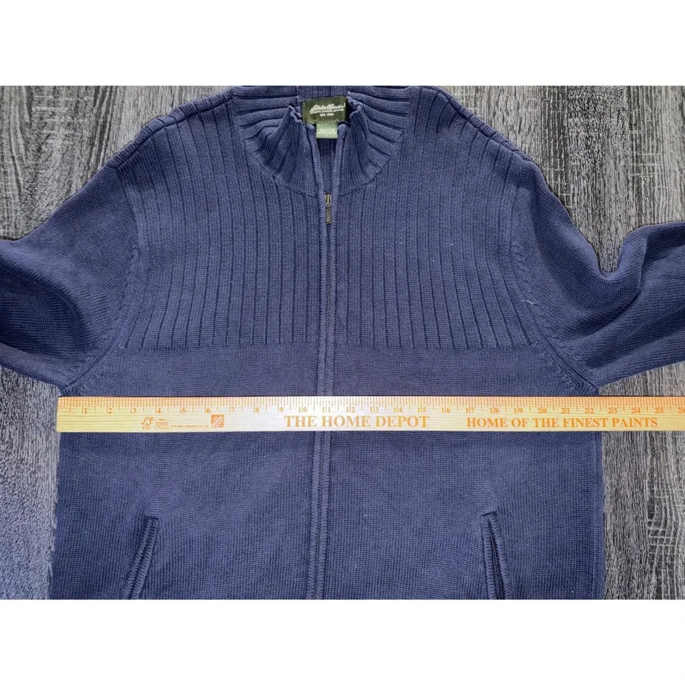 Eddie Bauer Mens Large Navy Blue 100% Cotton Ribbed Full Zip Mock Neck Sweater
